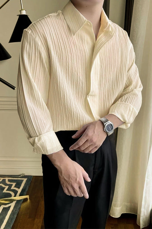 Back view of men’s cream stripe texture shirt