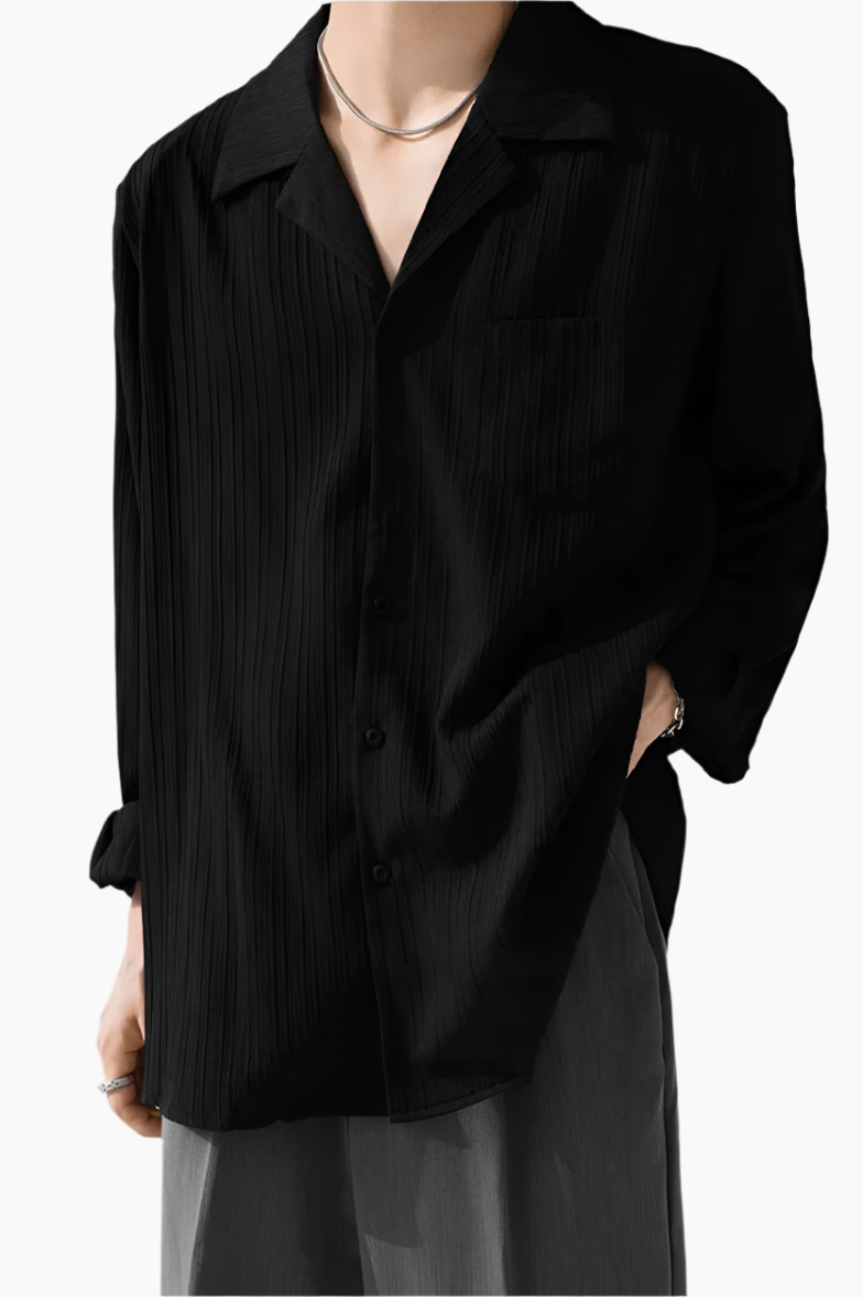 Model wearing black stripe oversized shirt with Cuban collar
