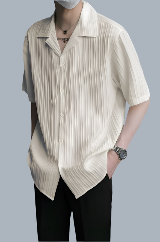 Model wearing ivory stripe lapel collar oversized shirt