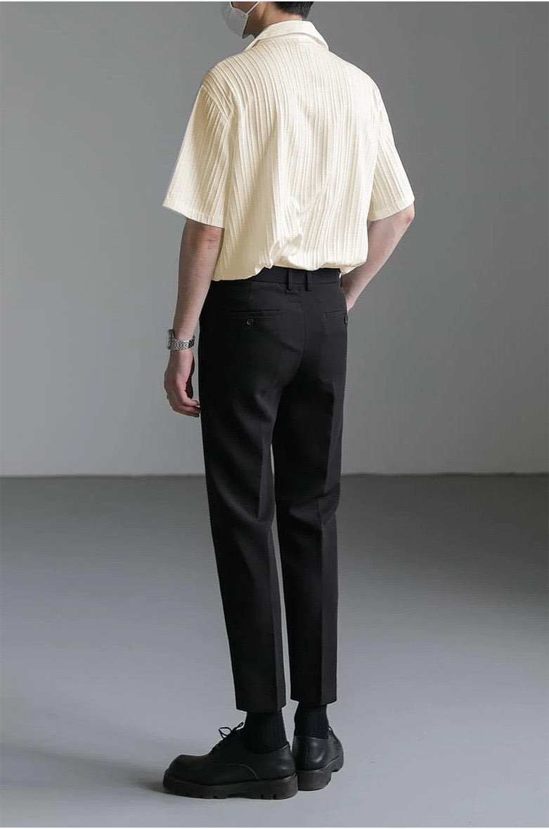 Streetwear summer look in ivory striped shirt