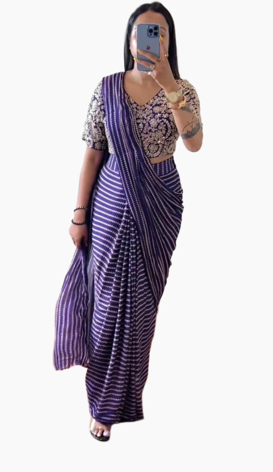 St. Patrick’s Blue ready-to-wear saree with stitched blouse – Loops Trendz