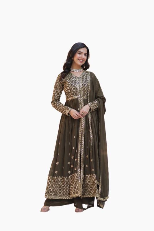 Dark Lava embroidered kurti pant dupatta set by Loops Trendz